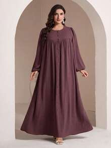 Veilorie Plus Size Women Solid Color Button Long Sleeve Pleated Arabian Dress - Dusty Pink - View 7