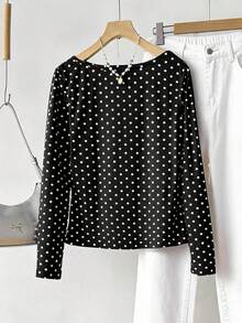 Tseoso Women's Polka Dot Casual Vintage Versatile Daily Long Sleeve T-Shirt Office Black And White Polka Dot Autumn - Black - View 2