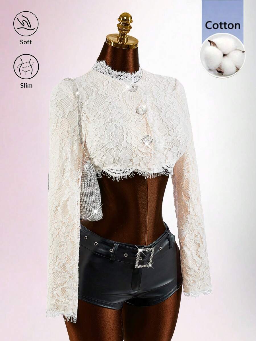 Amplova Women's Stand Collar Long Sleeve Single-Breasted Cropped Fashion Lace Jacket - White - View 1