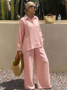 Livesso Ensemble 2 pièces décontracté pour femme, chemise rose à col revers, manches longues et plis, avec pantalon large ample, style commuter été-automne - Rose bonbon - Voir 5