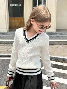 SHEIN Serisse Kids 青少年女孩优雅纹理 V 领长袖修身毛衣，适合日常、周末、休闲外出、返校穿着 - 白色 - 查看 3
