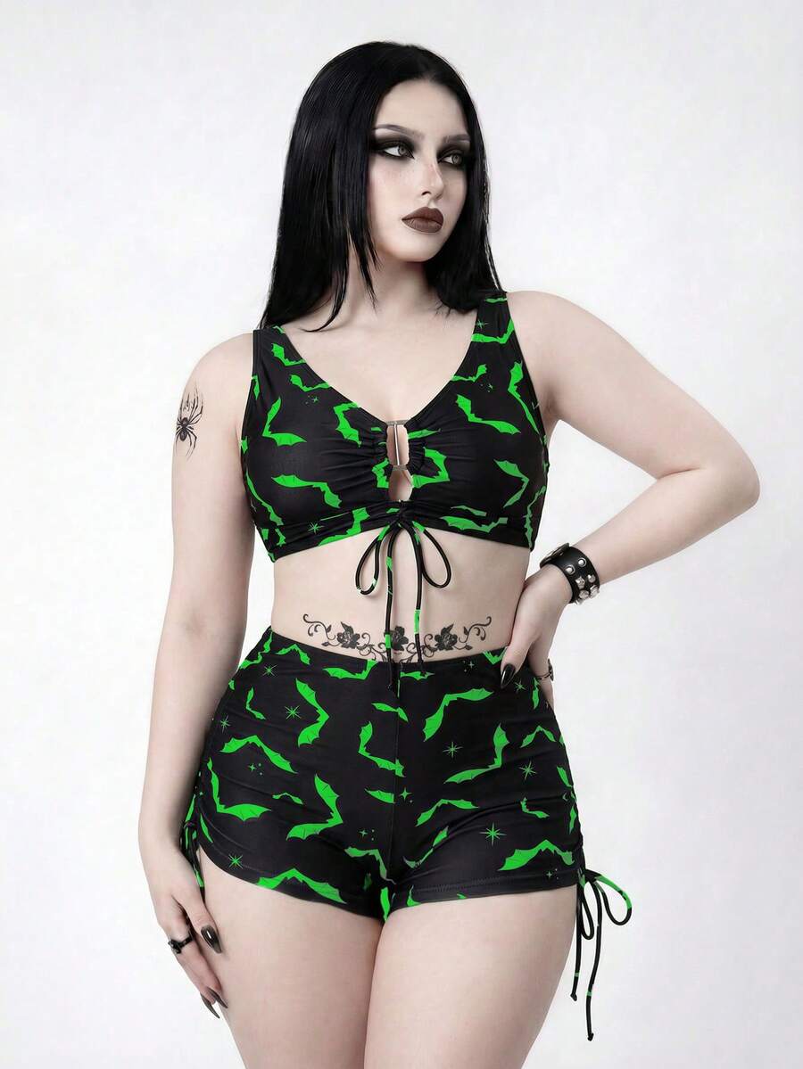 ROMWE Goth 大尺碼女款夏季海灘拼接色百褶性感比基尼泳衣兩件套(比基尼上衣與泳褲) - 彩色 - 查看 1