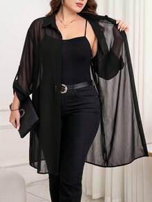 Reflora Plus Size Women's Solid Color Rolled Sleeve Single-Breasted Long Shirt - Black - View 1
