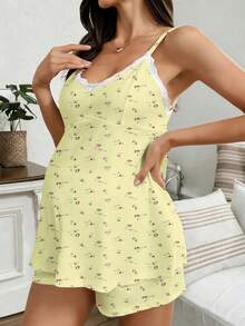 Moonlight&Mama Knitted Ribbed Ditsy Floral Lace V-Neck Camisole Maternity Pajama Set 2pcs - Multicolor - View 3