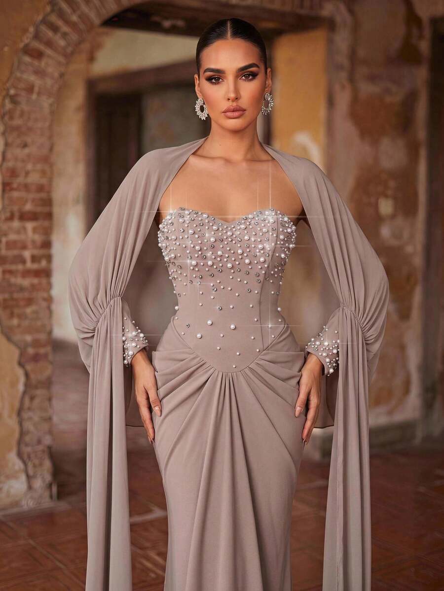 Aureia Elegant Queen Formal Grey Mermaid Stretch Evening Gown Chiffon ...
