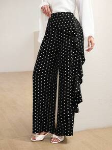 Graceveil Polka Dot Print Wavy Hem Elegant Fashionable French Style Long Pants - Black - View 6