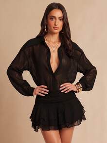 Silquee Fashionable Commute Solid Color Ruffle Mini Dress - Black - View 6