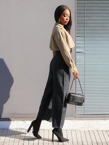 Yess Loren 高腰设计拉链休闲女裤，秋装，返校服 - 深灰色 - 查看 4