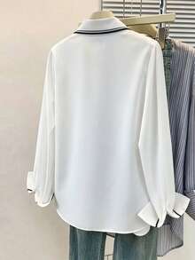 EMERY ROSE Blusa elegante blanca de manga larga para mujer, con cuello anudado y ribete de contraste estampado, ajuste regular, adecuada para vacaciones, desplazamientos, oficina, uso diario, todas las estaciones, versátil en blanco - Blanco - Ver 5