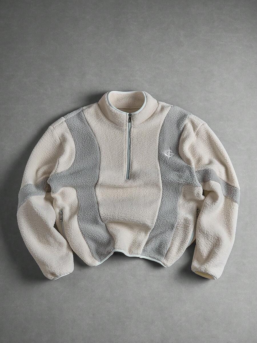 PAVTROS Men's Colorblock Fleece Jacket In Off-White, Zipper Jacket, Suitable For Daily Casual, Weekend Outings, Autumn/Winter Outerwear - White - View 1