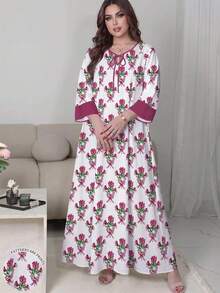 SHEIN Najma 蝴蝶結花束植物印花淺白色大尺碼女款洋裝，小V領繫帶設計寬鬆長洋裝，春夏中長袖優雅洋裝 - 彩色 - 查看 4