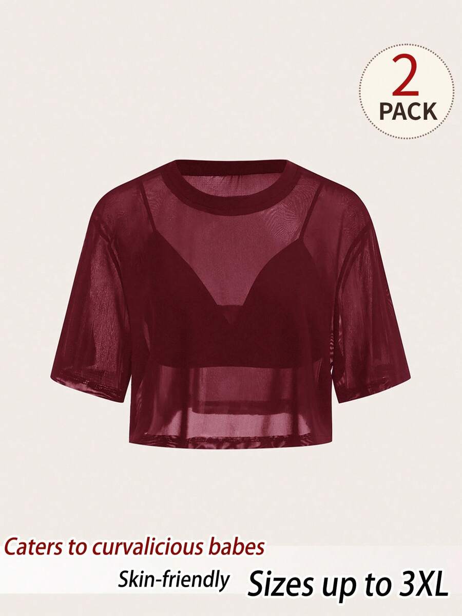 SHEIN BASICS 大尺碼女款時尚性感休閒透視上衣附內衣 夜間工作服 酒紅色 夏季 - 酒紅色 - 查看 1