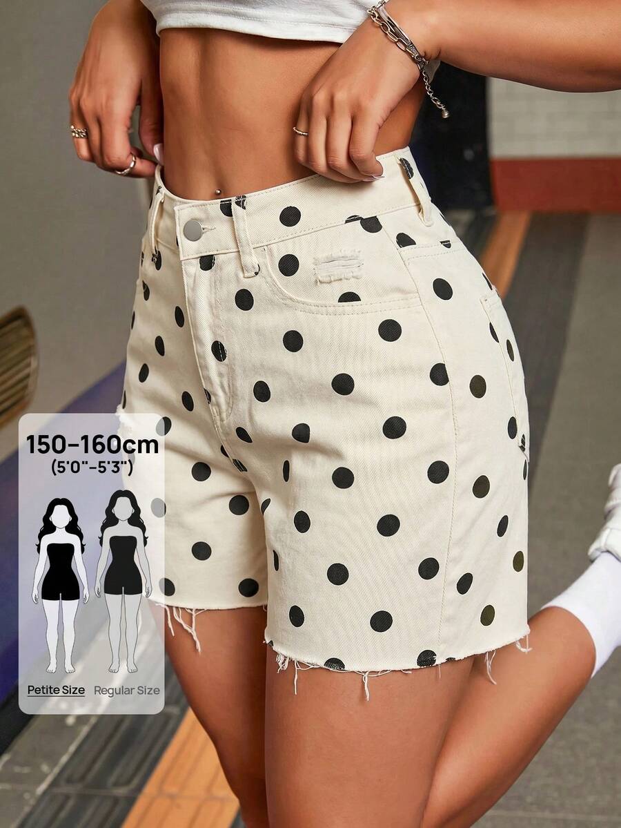 SHEIN PETITE 女款休閒波點印花磨損牛仔短褲,夏季日常黑白波點,適合嬌小女性 - 米色 - 查看 1