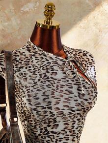 Amplova Women's Leopard Print Mini Dress With Cheongsam Collar - Multicolor - View 6