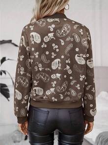 SHEIN LUNE 女款時尚腰果圖案印花拉鍊長袖夾克 - 咖啡棕 - 查看 2