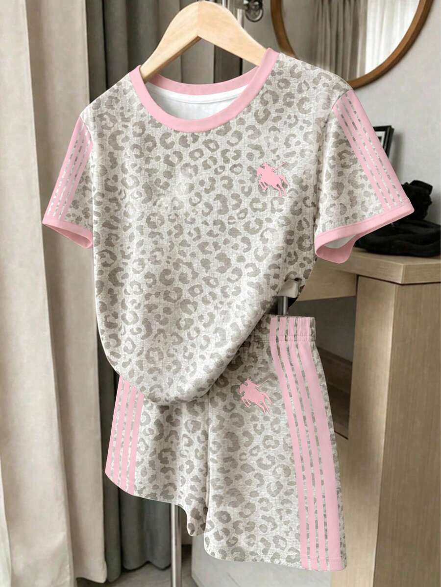 復古時尚棕色與粉色條紋青少年女孩休閒舒適圓領短袖T恤與短褲兩件套,適合春/夏日常、度假、假期、外出、校園、運動、返校、開學季 - 彩色 - 查看 1