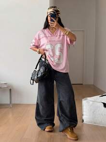 Coolane 女款春夏 Y2K 街頭風復古網眼數字圖案足球 T 恤 - 粉色 - 查看 4