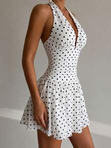 Avenya Vintage Deep V Neck White And Black Polka Dot Halter Neck Sexy Elegant Double Layer Ruffle Women's Mini Dress Waist Cinched Pleated Puff Short Dress - Multicolor - View 2