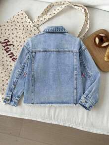 SHEIN 女童彩色愛心刺繡圖案藍色牛仔領長袖夾克 - 淺色水洗藍 - 查看 2