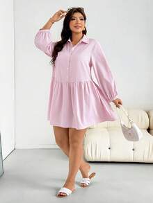 Shapeblank Plus Size Women's Autumn Casual Loose Lightweight Comfortable Slimming Allover White Long Sleeve Button-Up Shirt Dress Teachers' Day Brunch Office - Pink - View 6