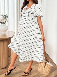 SHEIN Maternity V-Neck Pleated Polka Dot Casual Daily Wear Dress - White - View 5