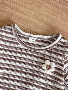 嬰兒女童休閒針織條紋花卉短袖上衣與喇叭長褲 T-shirt 套裝，舒適夏季休閒日常穿搭 - 卡其色 - 查看 5