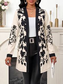 SHEIN Lady Women's Beige Long Sleeve Open Front Regular Jacket Teachers' Day Dinner Office Autumn Mature Elegant - Multicolor - View 6