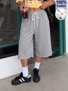 Muchica Gray Knitted Women's Drawstring Waist Pocket Casual Sporty Shorts Gym Summer - Light Grey - View 4