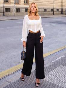 Sandy Gomes Loose Casual Contrast Lace Women Black Pants Y2k Fall - Black - View 1