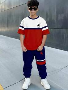 青少年男孩休閒舒適時尚簡約圓領短袖長褲T恤套裝，經典復古配色拼接圖案印花，精緻小Logo騎士圖案印花，適合秋冬，適合返校季 - 彩色 - 查看 1