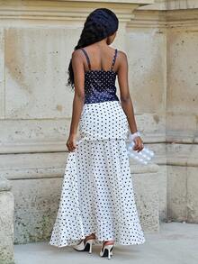 Mima John Women's Sexy Black Lace Trim Collar Black & White Polka Dot Pattern Bodycon Camisole Casual Summer - Black - View 2