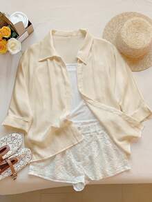 Comfortcana Camisa blanca lisa de manga murciélago para primavera - Albaricoque - View 6