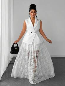 Maweii Plus Size Luxury White Sleeveless Blazer Vest Lace Skirt 2 Pieces Set Wedding Brunch Graduation Business Office Summer Casual Elegant - White - View 5