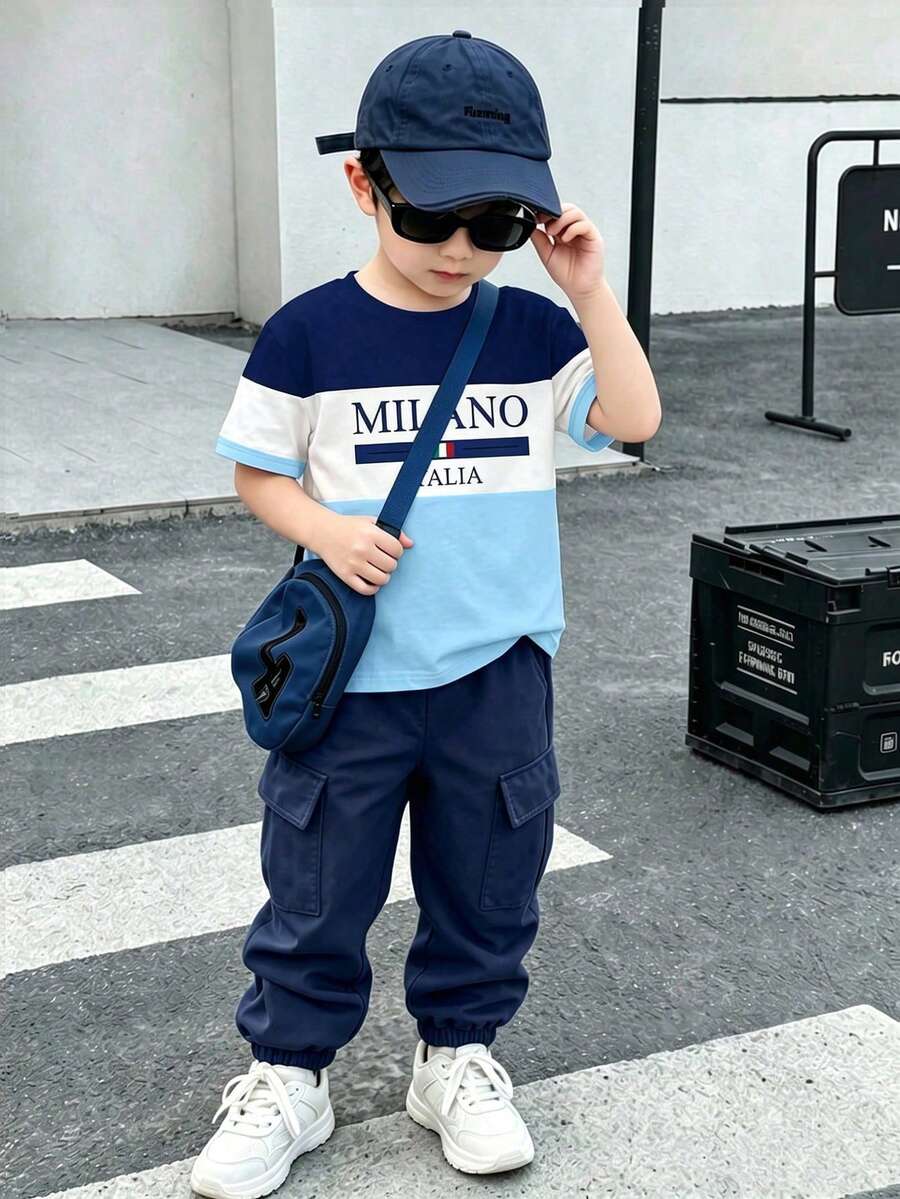 男童套裝 2件組 春夏新款 印花黑色短袖T恤 & 錐形工裝長褲 休閒百搭套裝 - 藍色 - 查看 1