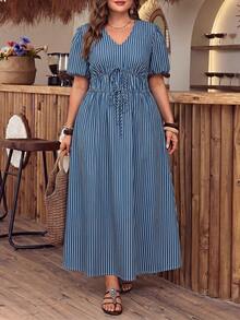 SHEIN Essnce Plus Size Women's Striped V-Neck Casual Daily Denim Dress - Blue - View 4