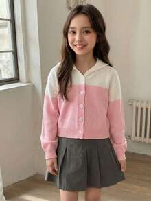 SHEIN Genkimix Kids 女童時尚休閒清新短版連帽針織開襟毛衣，秋冬款 - 彩色 - 查看 7