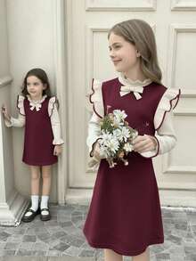 SHEIN Serisse Kids Tween Girl 3D Bow Decor Ruffle Flare Cuff Sweater Autumn Dress - Burgundy - View 9