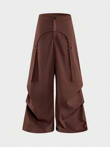 AXEPEAK Men's Solid Color Buckle Design Pleated Wide Leg Loose Fit Long Pants - Brown - View 3