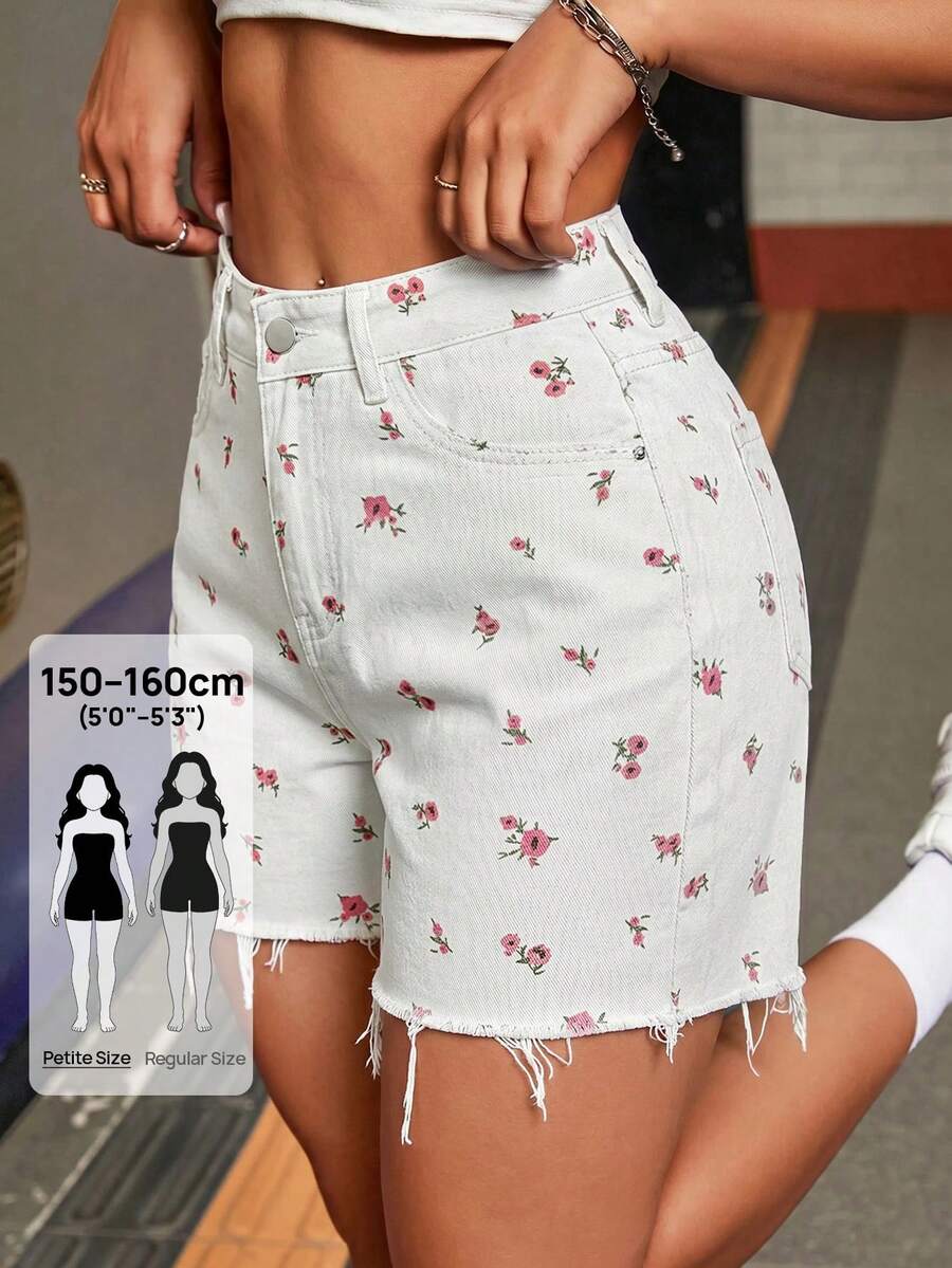 SHEIN PETITE Women's Casual Cute Everyday Denim Shorts With Pockets And Floral Print Picnic Vacation White Floral Summer - White - View 1