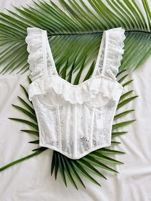 Soleia Top sin mangas con bordado hueco y ribete de volantes de unicolor - Blanco - Ver 5