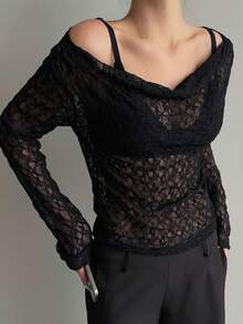 Dazy Tall Women's Asymmetric Shoulder Long Sleeve Textured Semi-Sheer Casual Top Fall - Black - View 4