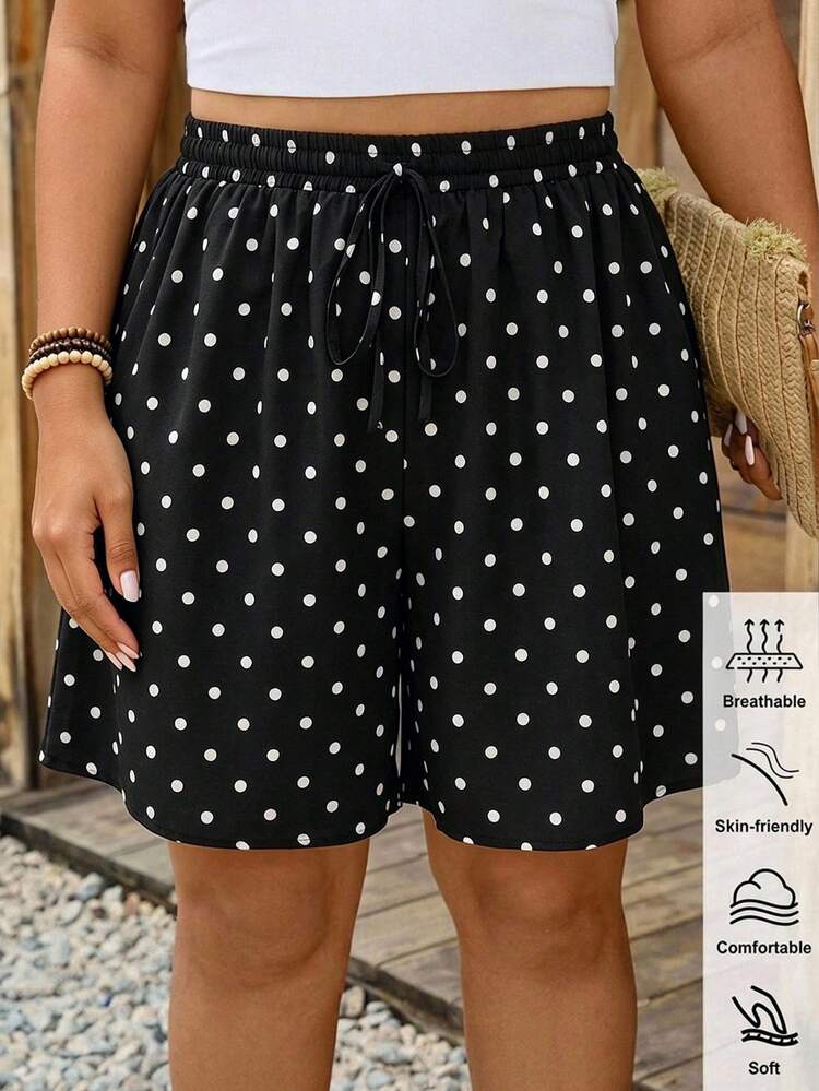 Comfylo Plus Size Women's Polka Dot Wide Leg Casual Loose Shorts Black Shorts Wide Leg Shorts Elastic Waist Shorts Black Skirt Shorts Casual Shorts Elastic Waist Shorts, Women's Autumn Clothing - Multicolor - View 1