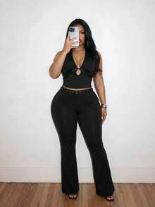 Slaydiva New Spring/Summer Women's Plus Size Two Pieces Set Sexy Halter Neck Top With Eyelet Webbing Flared Pants Pantsuit Suspender Top Set Solid Black - Black - View 7