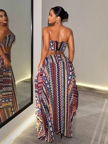 BamGleam Women's All-Over Print Tie-Up Design Bandeau Top Skirt Boho Tropical Two Pieces Set Vacation Navy Blue Gold Summer Night Out - Multicolor - View 3