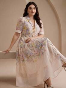 Anewsta Frühling/Sommer eleganter Stil helles Apricot hochwertig positioniert bedrucktes Kurzarm-Hemdkleid mit geraffter Taille und Bindung vorne, Damen-Maxikleid in großen Größen - Verschiedenfarbig - Übersicht 3