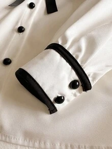 SHEIN 少女黑白經典蝴蝶結裝飾長袖襯衫 - 黑與白 - 查看 3