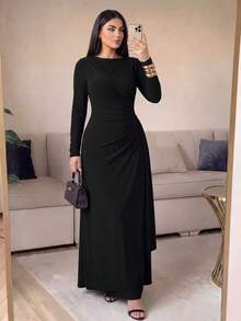 SHEIN Lady CURVE Plus Size Women's Elegant Long Sleeve Pleated Dress, Yellow, Autumn/Winter Fall - Black - View 4