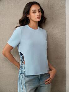 Anewsta Women's Fashion Casual Side Seam Patchwork Rhinestone Mesh Long Tassel Minimalist T-Shirt - Blue - View 3