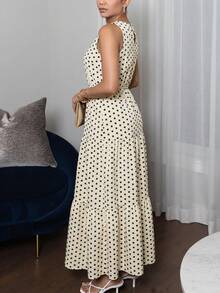 Melissa Matos Polka Dot Sleeveless Ruffle Hem A-Line Dress Maxi Women Outfit Elegant - Beige - View 3