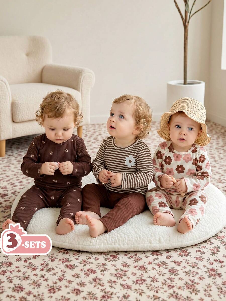 SHEIN Vintaside Kids Babygirl 嬰兒女童多件套裝 春秋款圓領長袖簡約休閒數位印花上衣搭配百搭休閒長褲套裝，適合日常穿著、公園散步、外出、露營、野餐、居家休閒